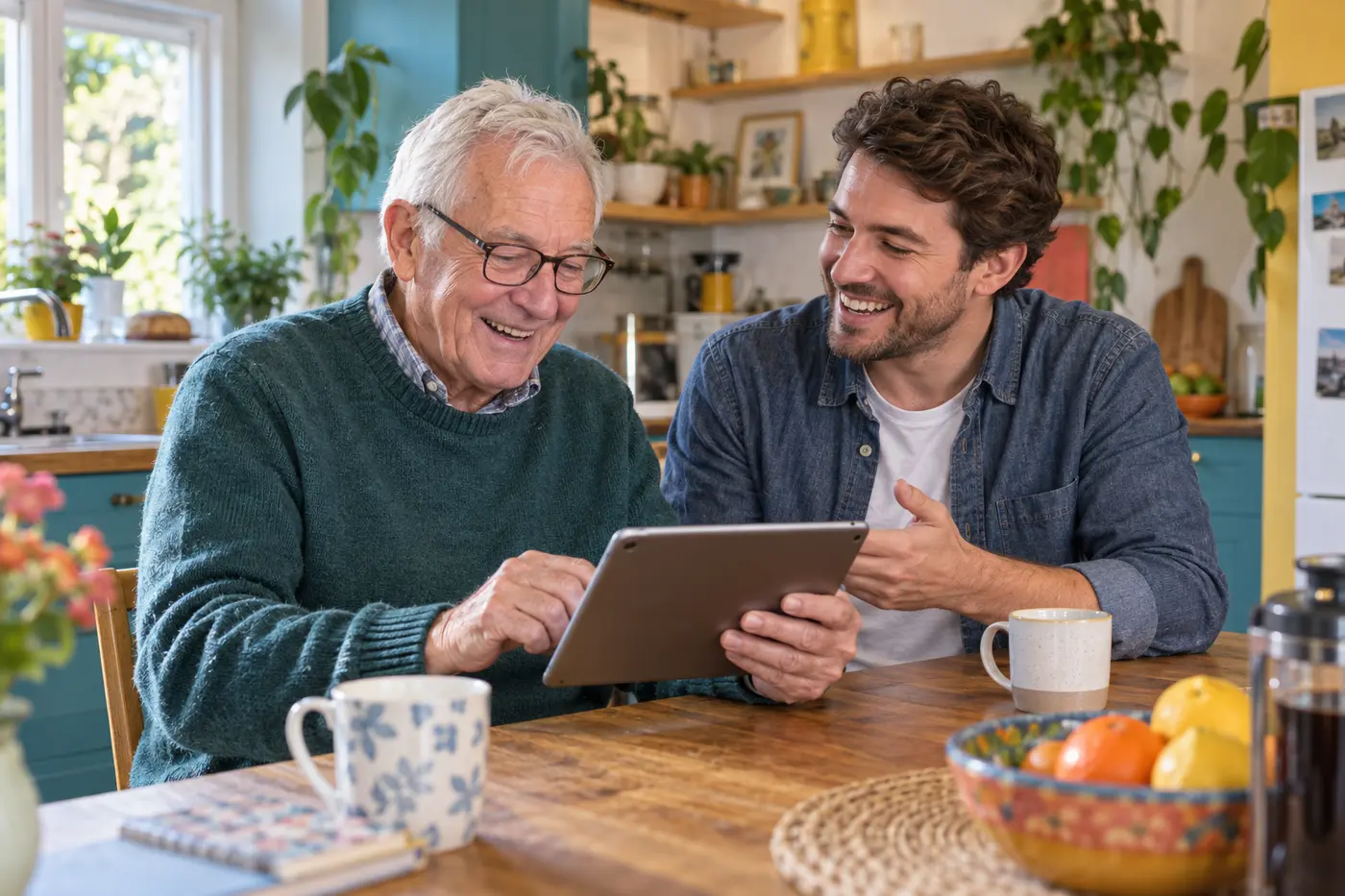 An older adult confidently using a tablet with help from his Companion